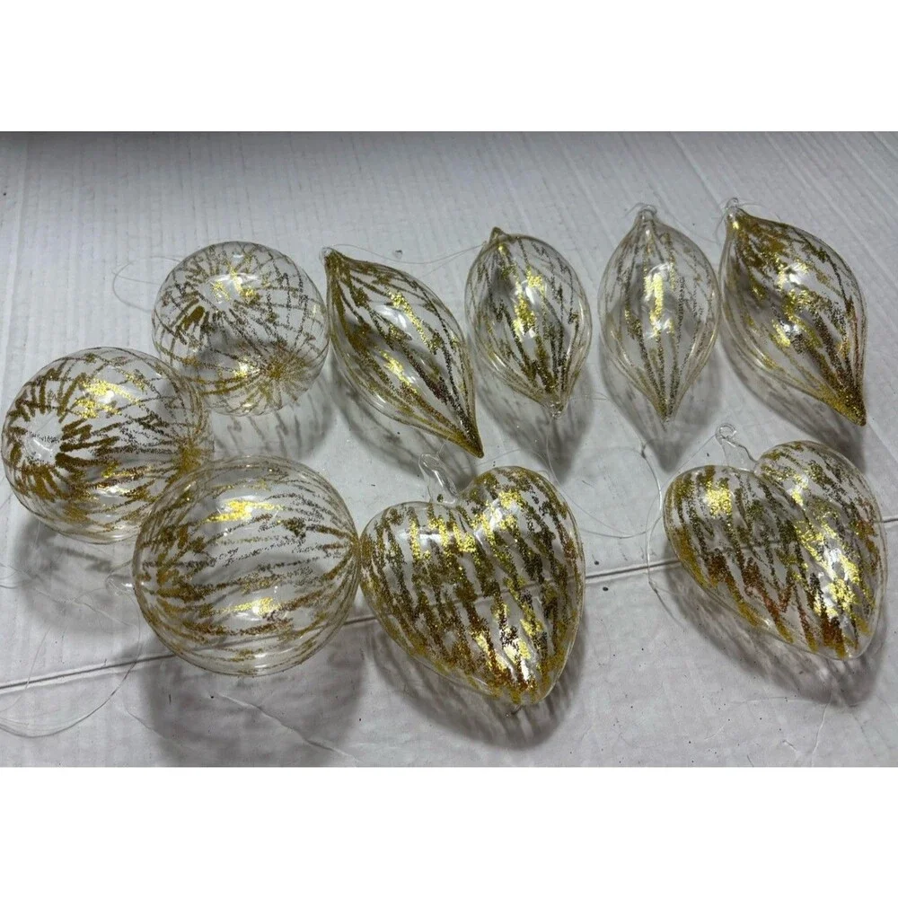 9 Clear Glass Christmas Ornaments Gold Glitter Hearts Balls Teardrops Vintage